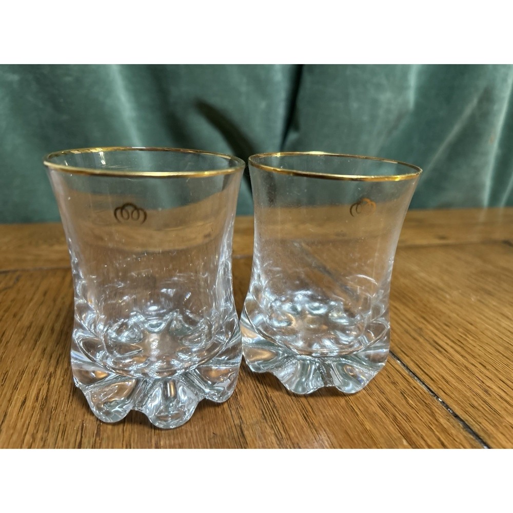 Vintage Clear Glass Tumblers with Gold Rim & Scalloped Base - Pair